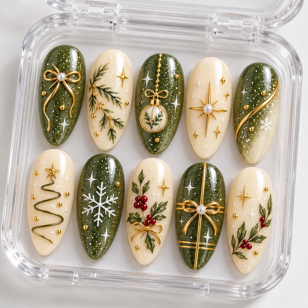 Sage Green and Ivory Christmas Nails With Gold Bows, Holly and Glitter