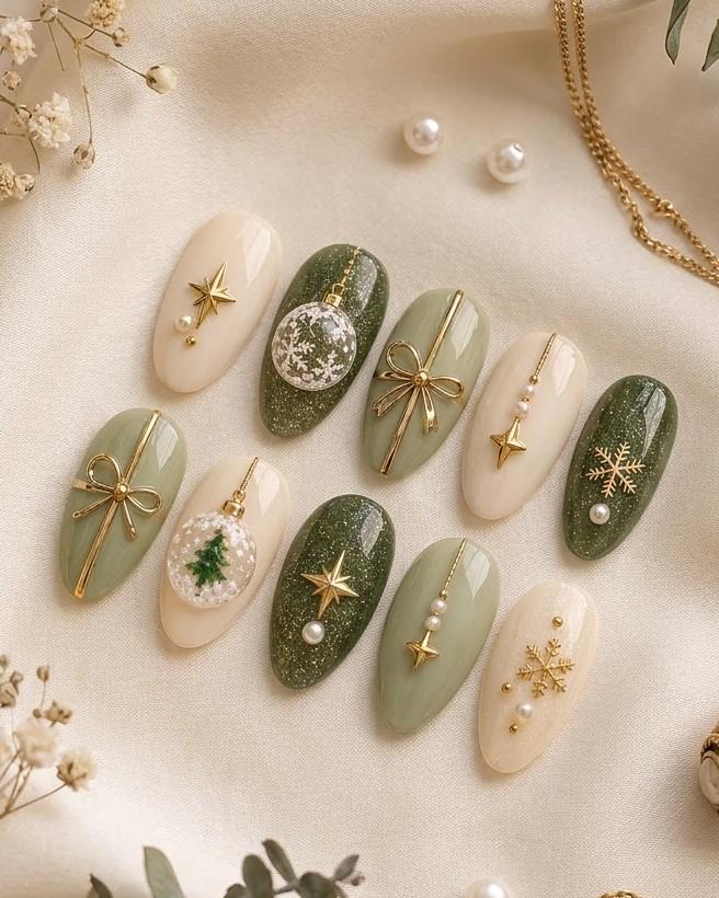 Sage Green and Ivory Christmas Press-On Nails With Gold Bows and Ornaments