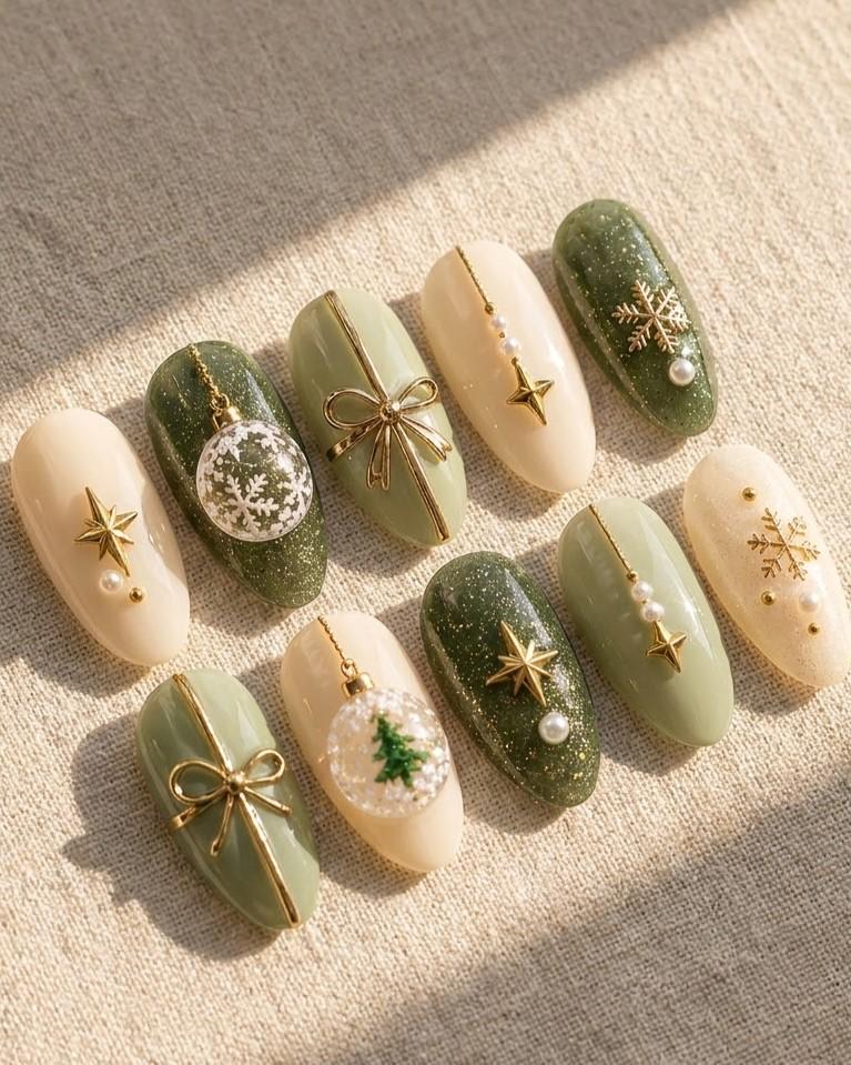 Sage Green and Ivory Christmas Press-On Nails With Gold Bows and Ornaments