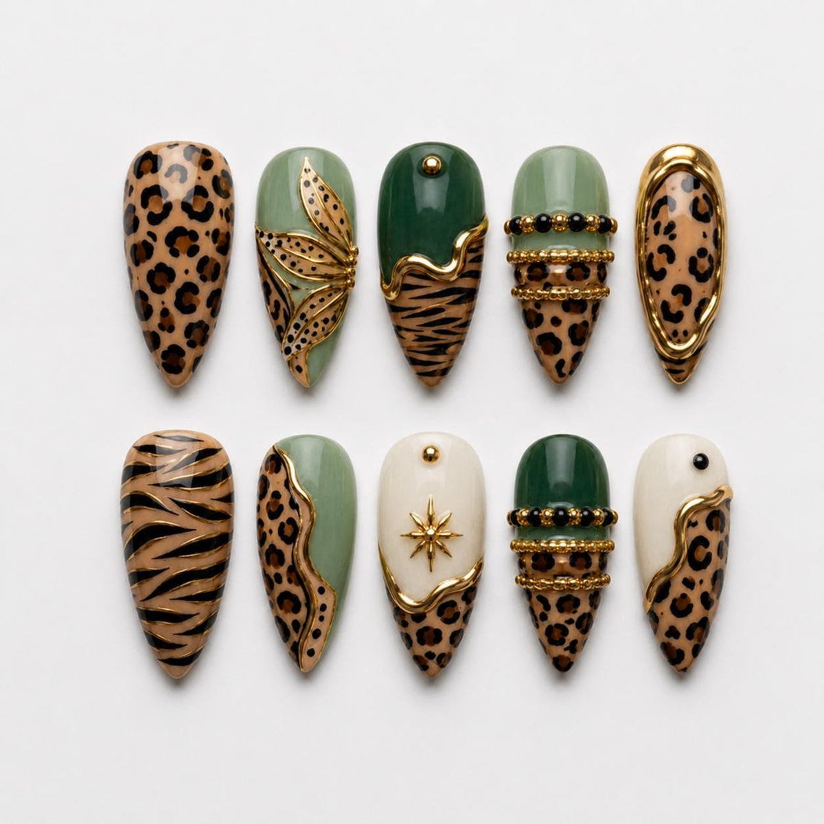 Sage Green and Tan Animal Print Nails with Gold Details and Charms