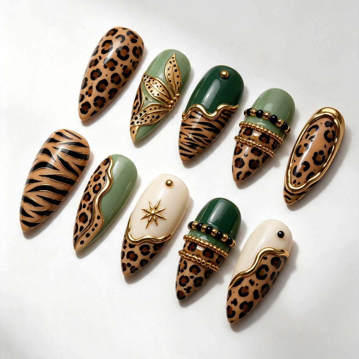 Sage Green and Tan Animal Print Nails with Gold Details and Charms