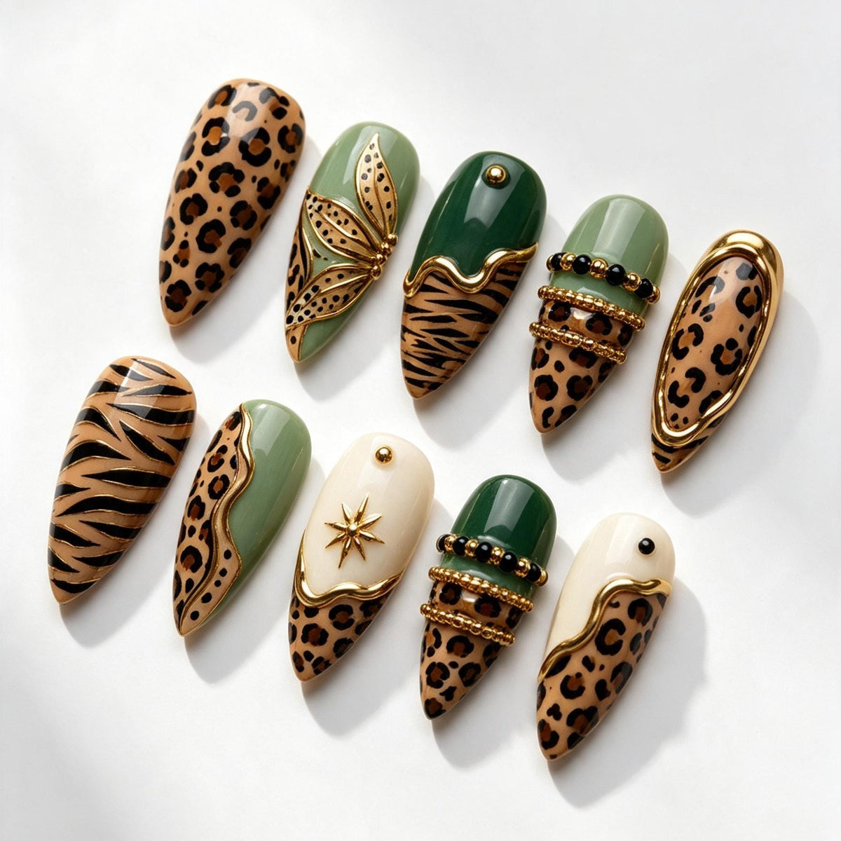 Sage Green and Tan Animal Print Nails with Gold Details and Charms