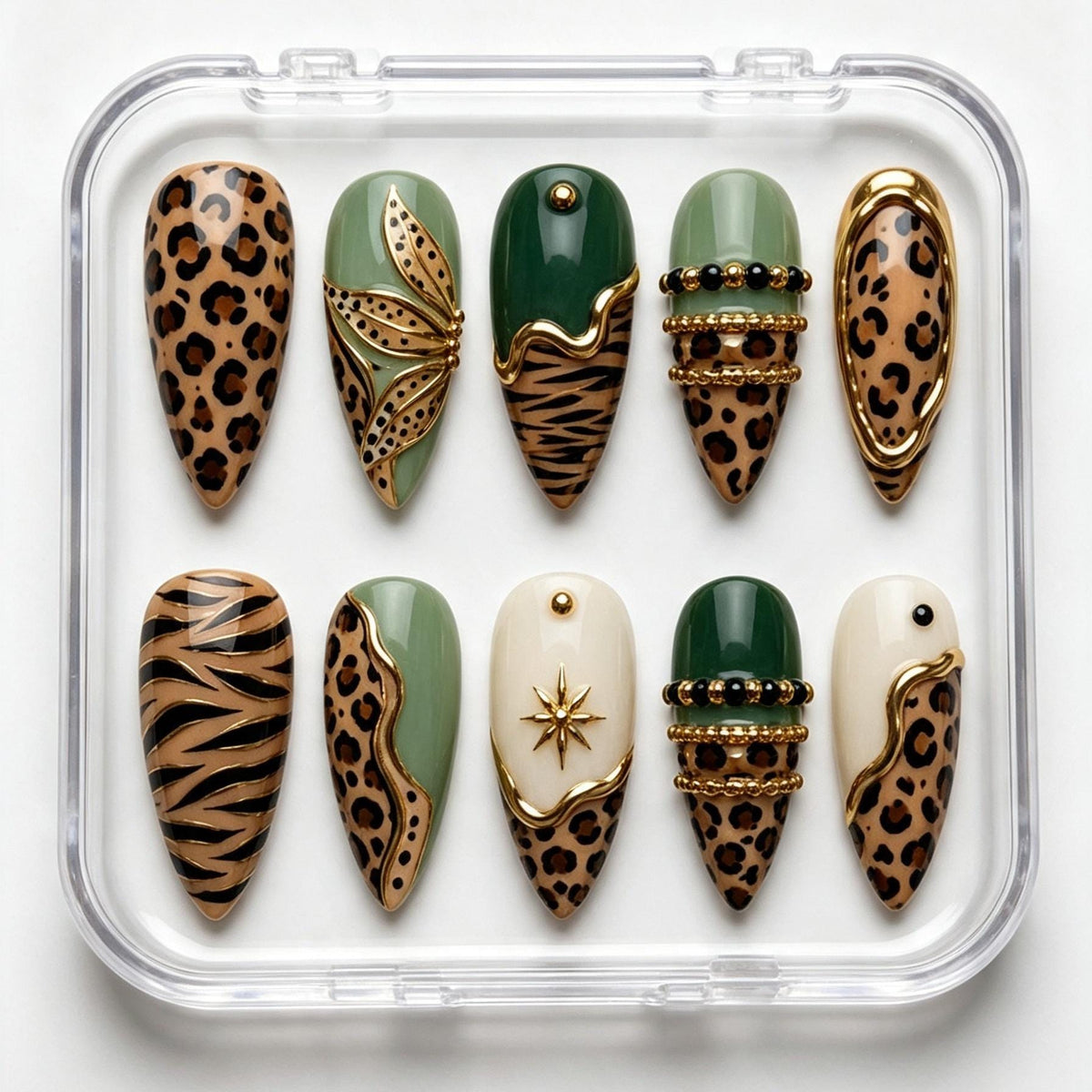 Sage Green and Tan Animal Print Nails with Gold Details and Charms