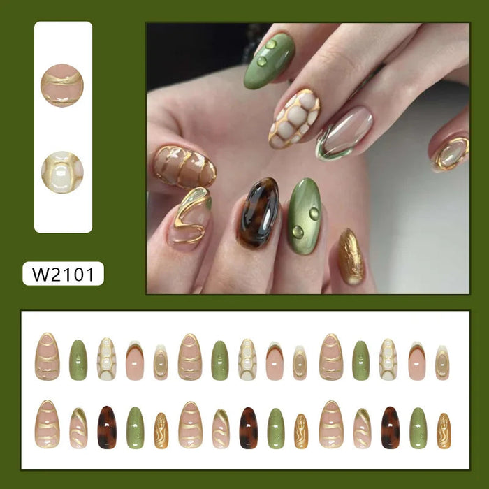 Sage Green and Tortoiseshell Press On Nails with Gold Details