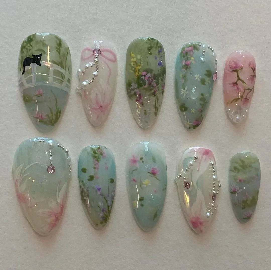Sage Green, Blue & Pink Floral Press-On Nails with Pearl Chains and Bow