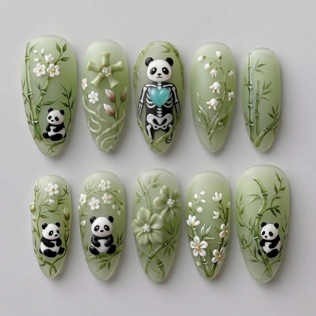 Sage Green Botanical Panda Nails With Skeleton Panda and White Flowers