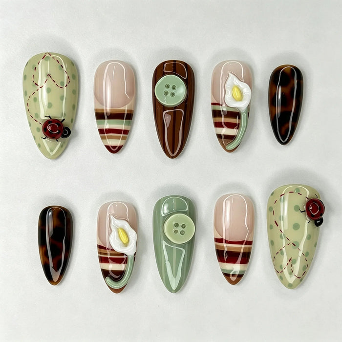 Sage Green Button and Tortoiseshell Press On Nails
