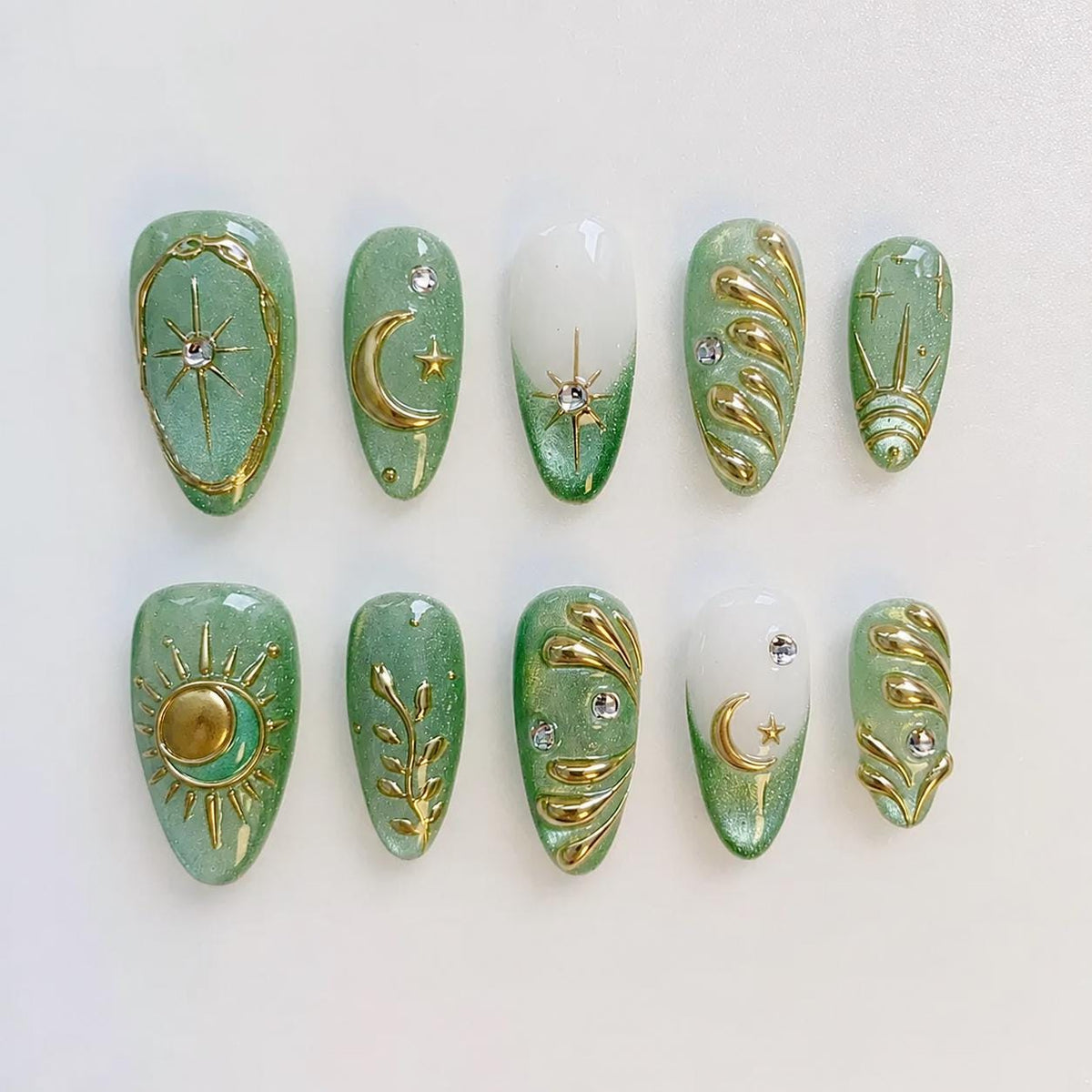 Sage Green Celestial Press On Nails with Gold Suns, Moons and Rhinestones