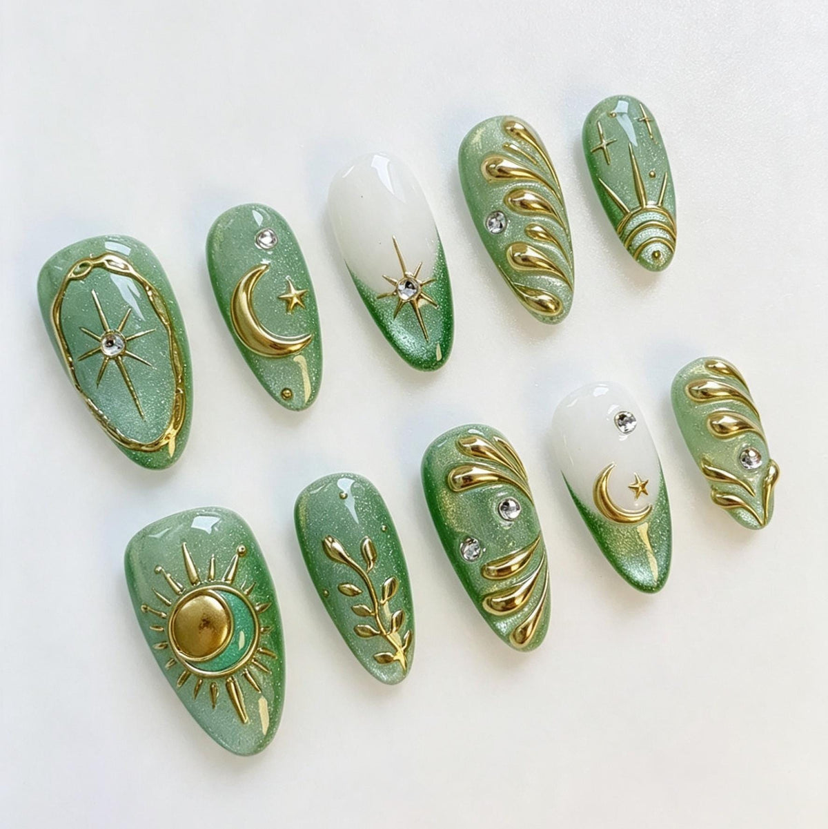 Sage Green Celestial Press On Nails with Gold Suns, Moons and Rhinestones