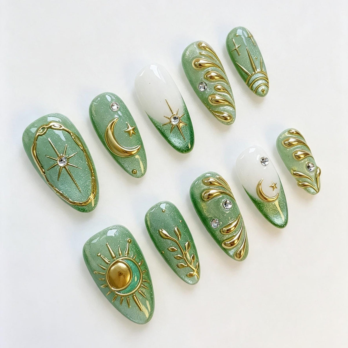 Sage Green Celestial Press On Nails with Gold Suns, Moons and Rhinestones