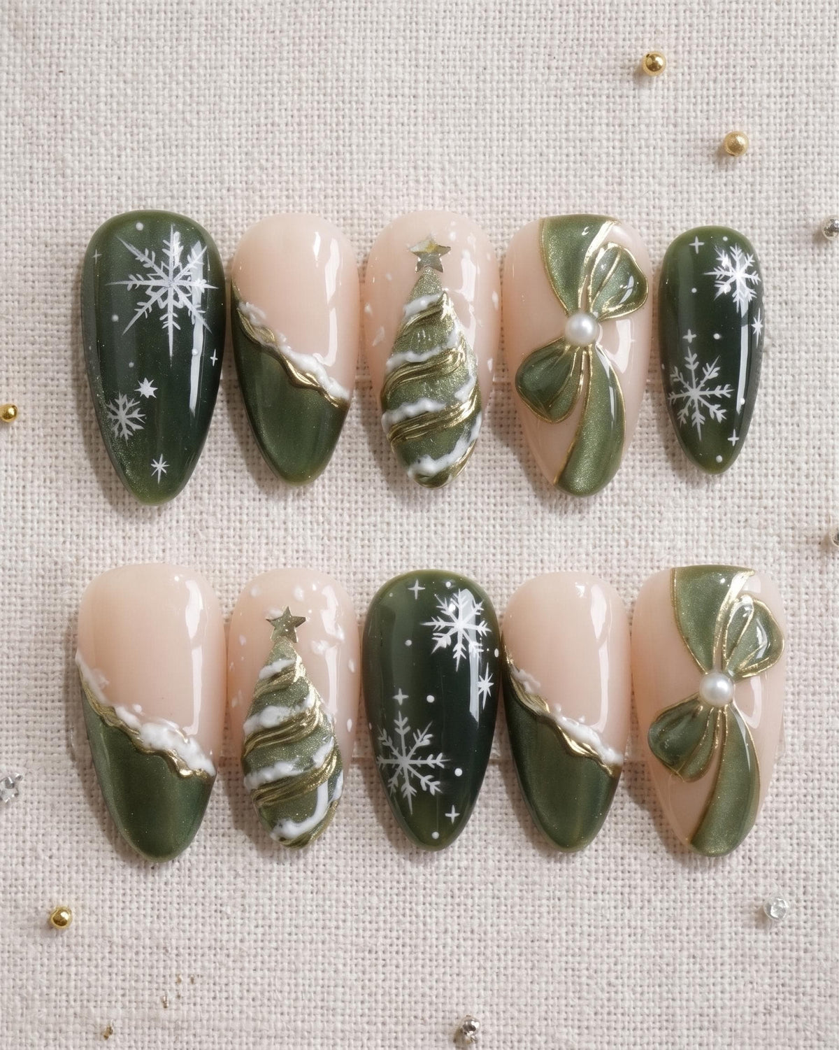 Sage Green Christmas Nails with 3D Trees, Pearl-Center Bows and Snowflakes