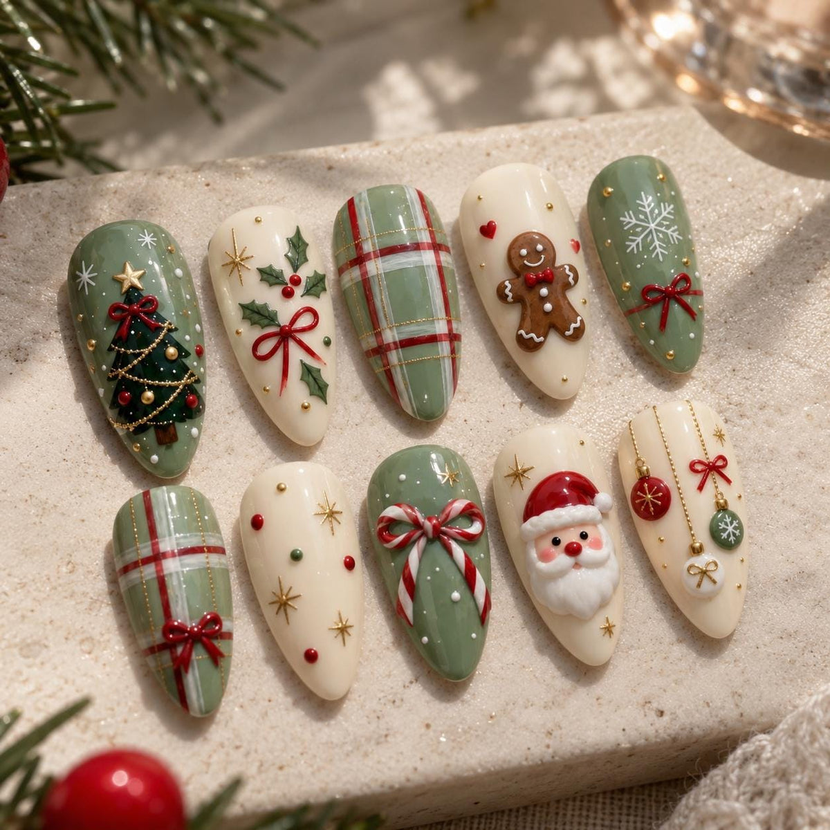 Sage Green Christmas Nails With Plaid, Santa, Gingerbread, Holly and Bows