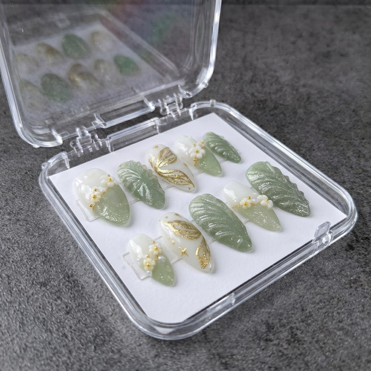 Sage Green Fairycore Floral Botanical Press On Nails with Gold Leaf Accents