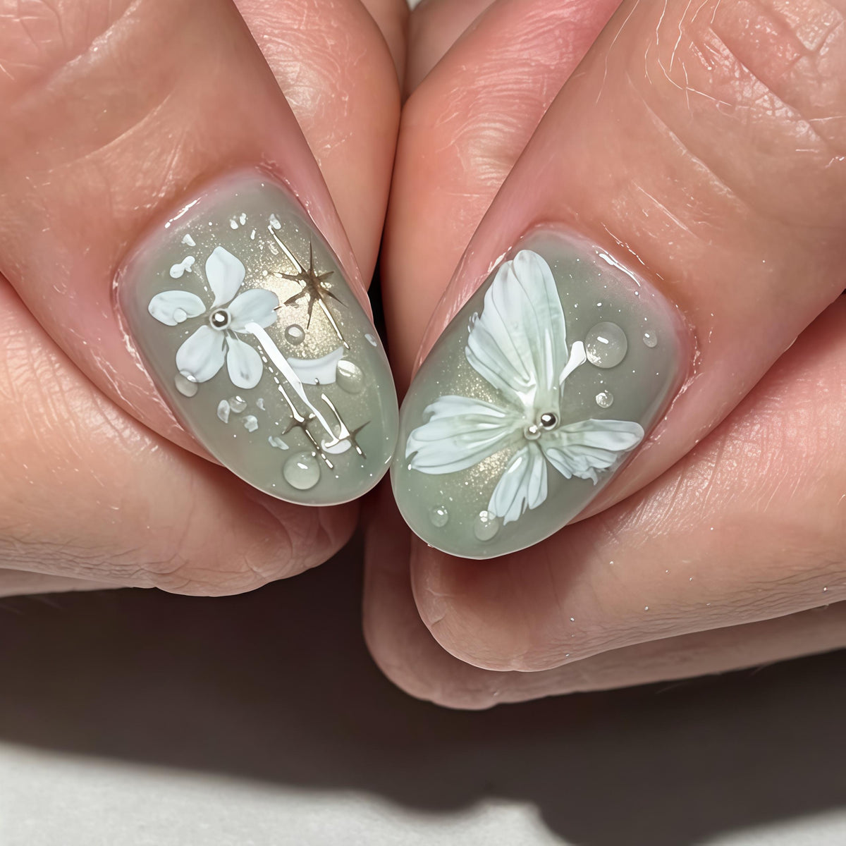 Sage Green Floral and Celestial Press On Nail Set