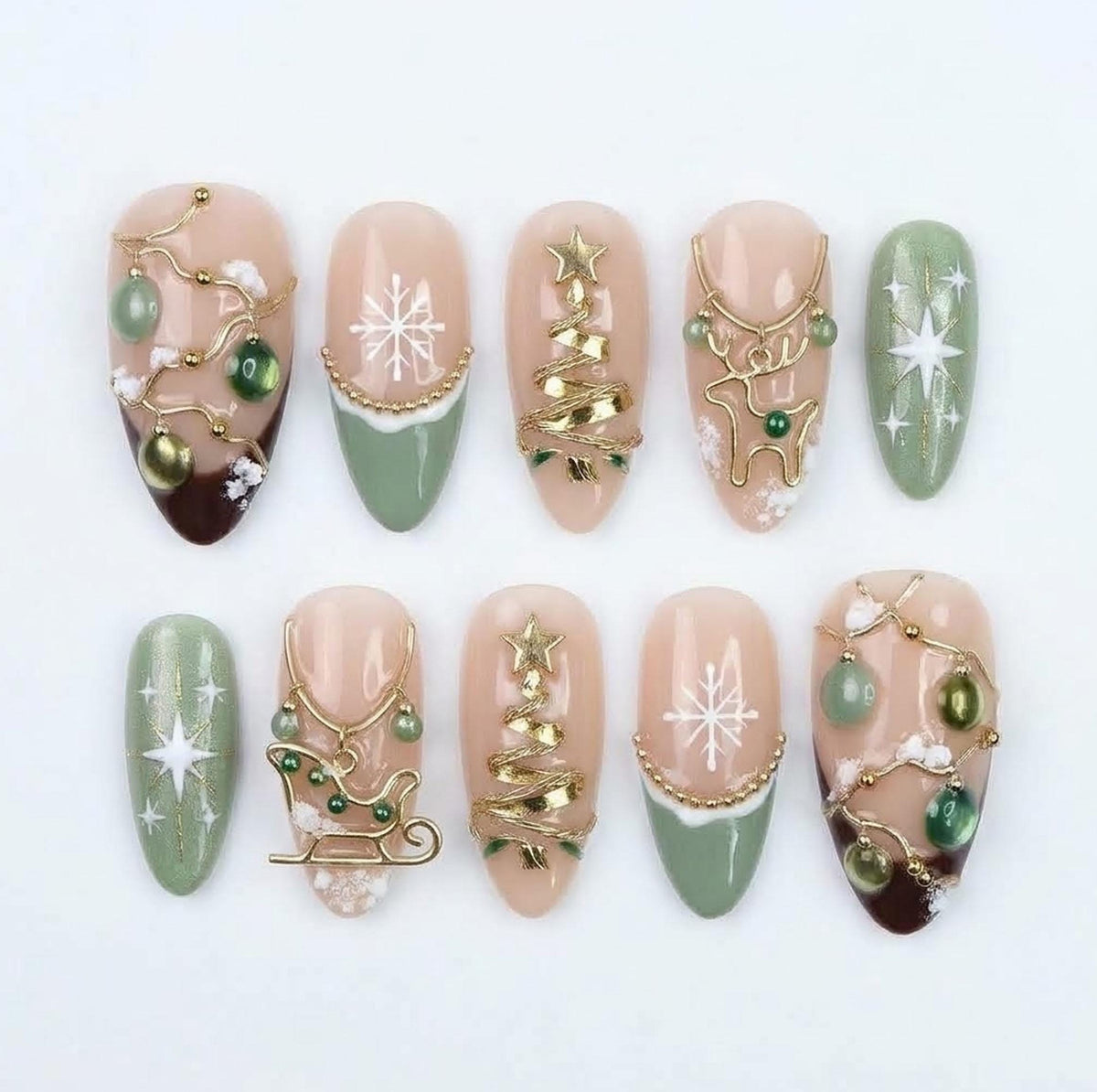 Sage Green French Tip Christmas Nails with Gold Garlands, Tree and Sleigh Charms