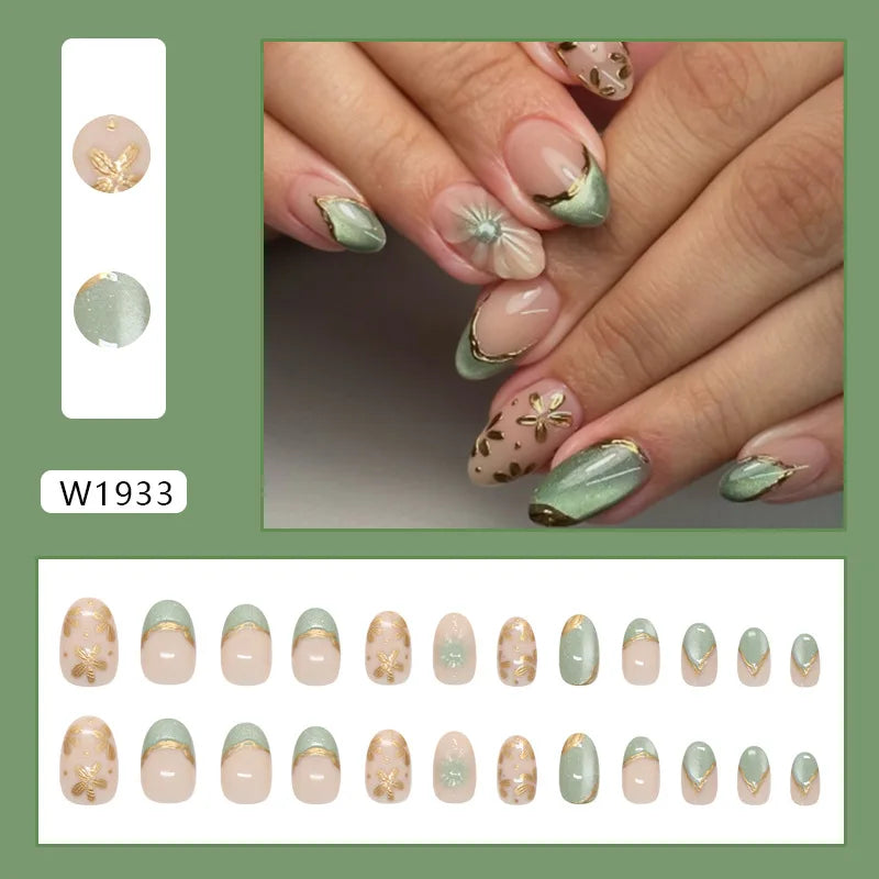 Sage Green French Tip Press-On Nails With Floral Details, Gold Accents and Leopard Spots