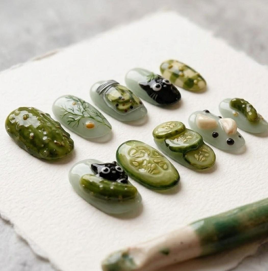 Sage Green Pickle and Black Cat Nail Set with Cucumber Slices and Checkered Accents