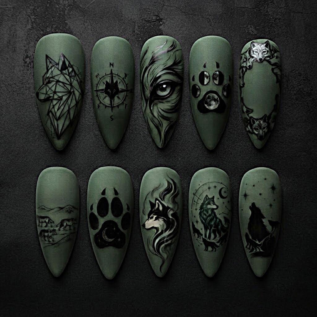 Sage Green Wolf and Woodland Nail Set with Gothic Forest Art