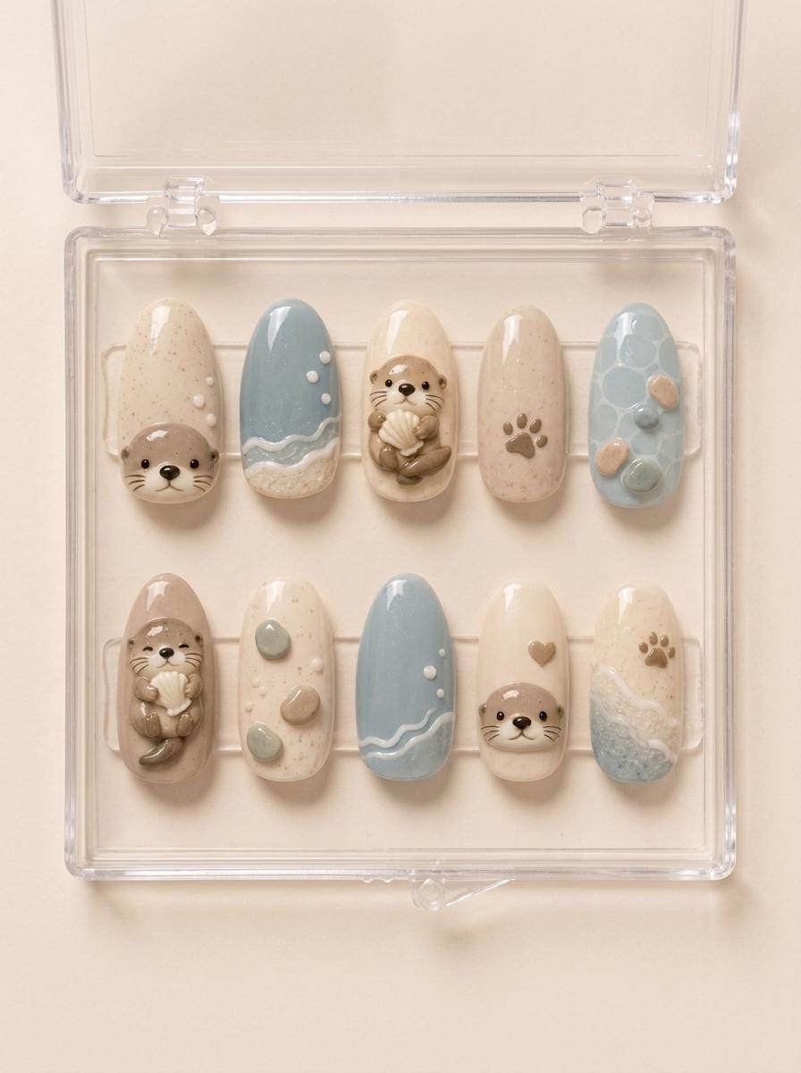 Sea Otter Press On Nails With Blue Waves, Paw Prints and 3D Details