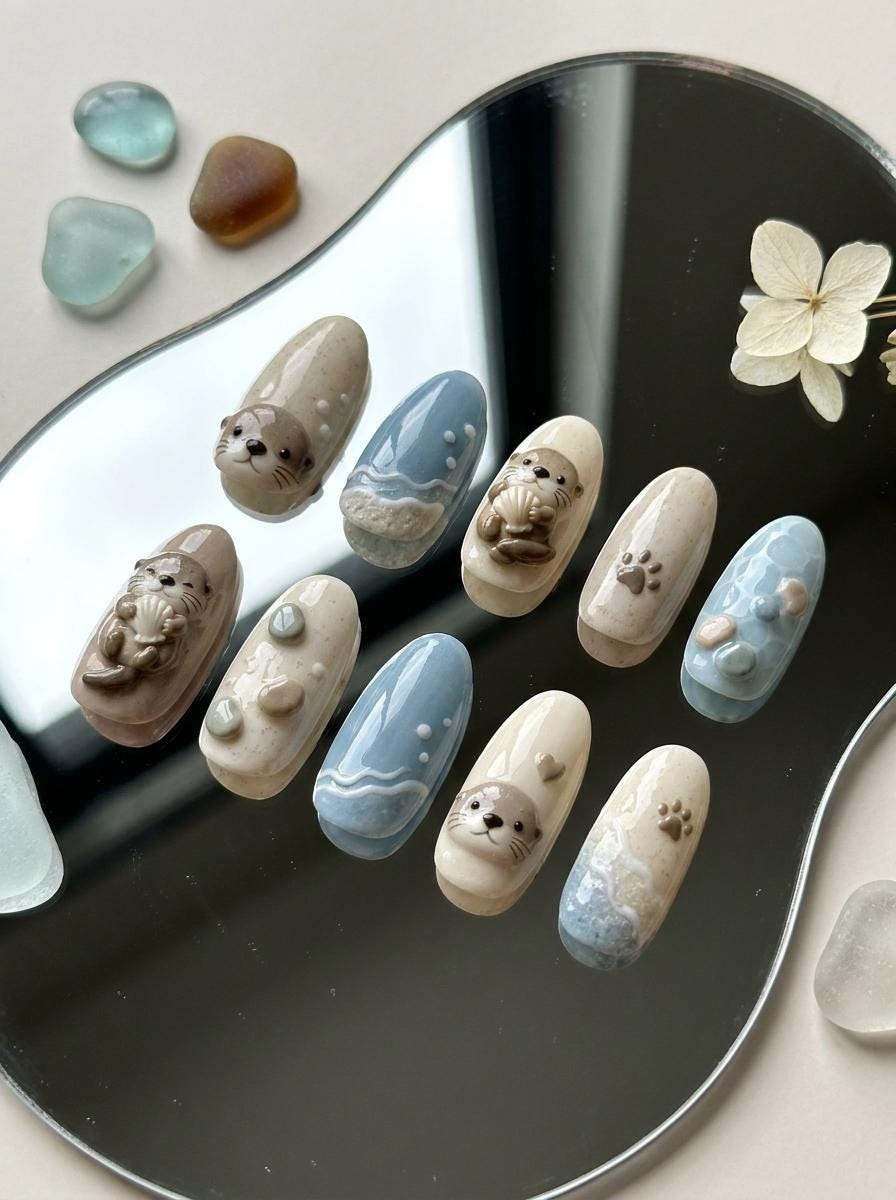 Sea Otter Press On Nails With Blue Waves, Paw Prints and 3D Details