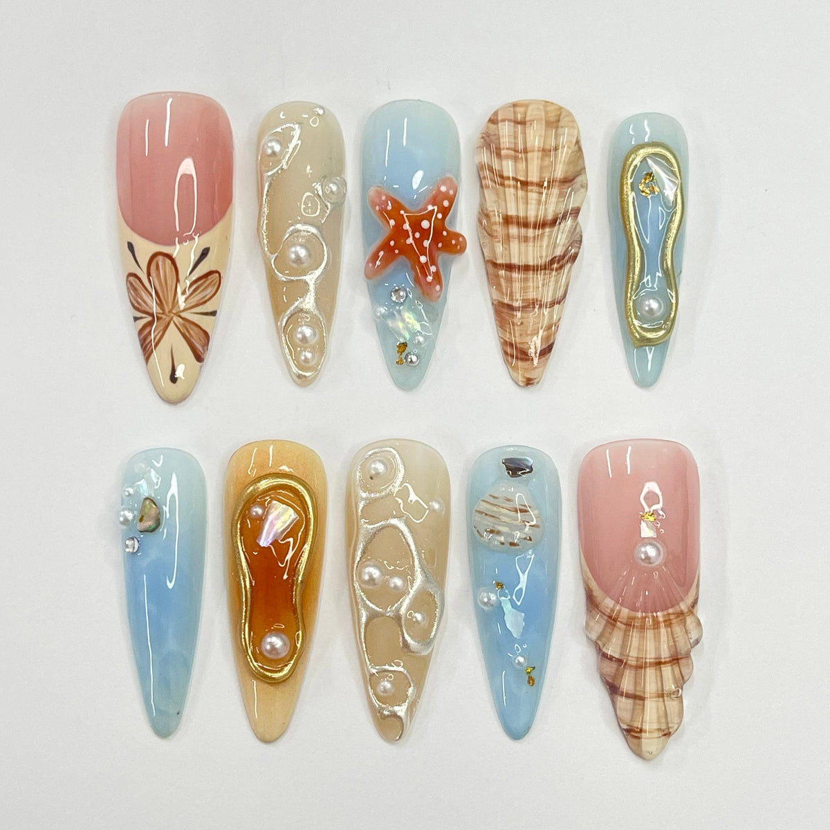 Seashell and Starfish Summer Vacation Press On Nails With Plaid, Pearls, and Gold Accents