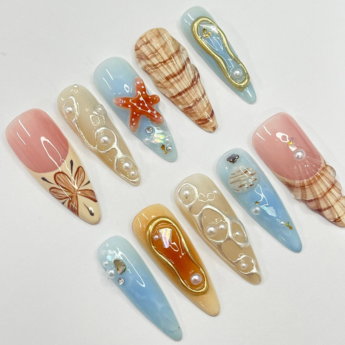 Seashell and Starfish Summer Vacation Press On Nails With Plaid, Pearls, and Gold Accents