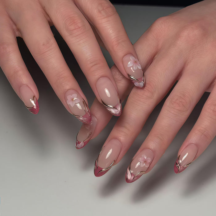 Sheer Blush Cherry Blossom Press On Nails With Rosy Tips and Gold Accents