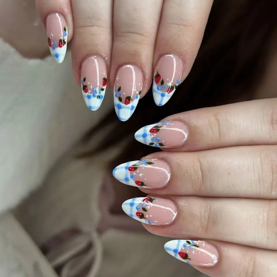 Sheer Blush Nails with Blue Checkered French Tips and Red Berry Details