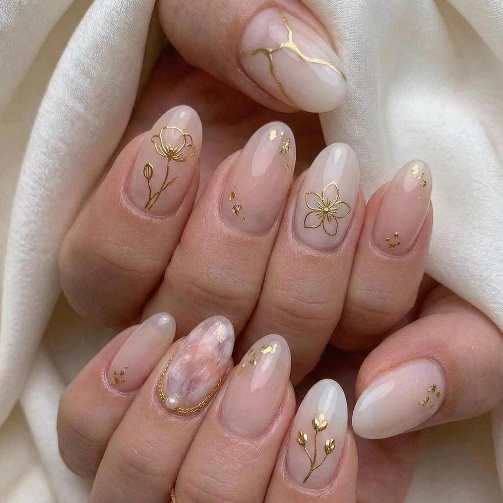 Sheer Blush Nude Bridal Nails with Gold Floral Line Art and Pink Marble Accent