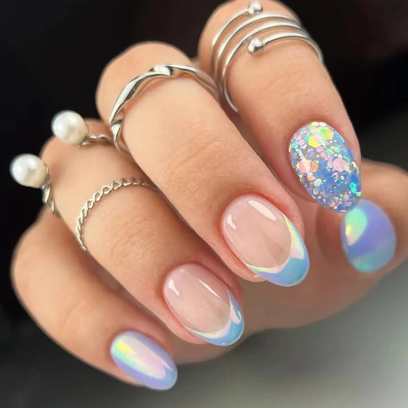 Sheer Blush Pink and Iridescent Blue French Tip Press On Nails