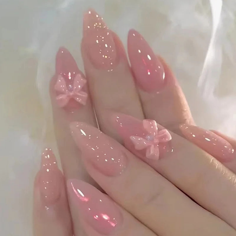 Sheer Blush Pink Bow Press On Nails with Subtle Sparkle