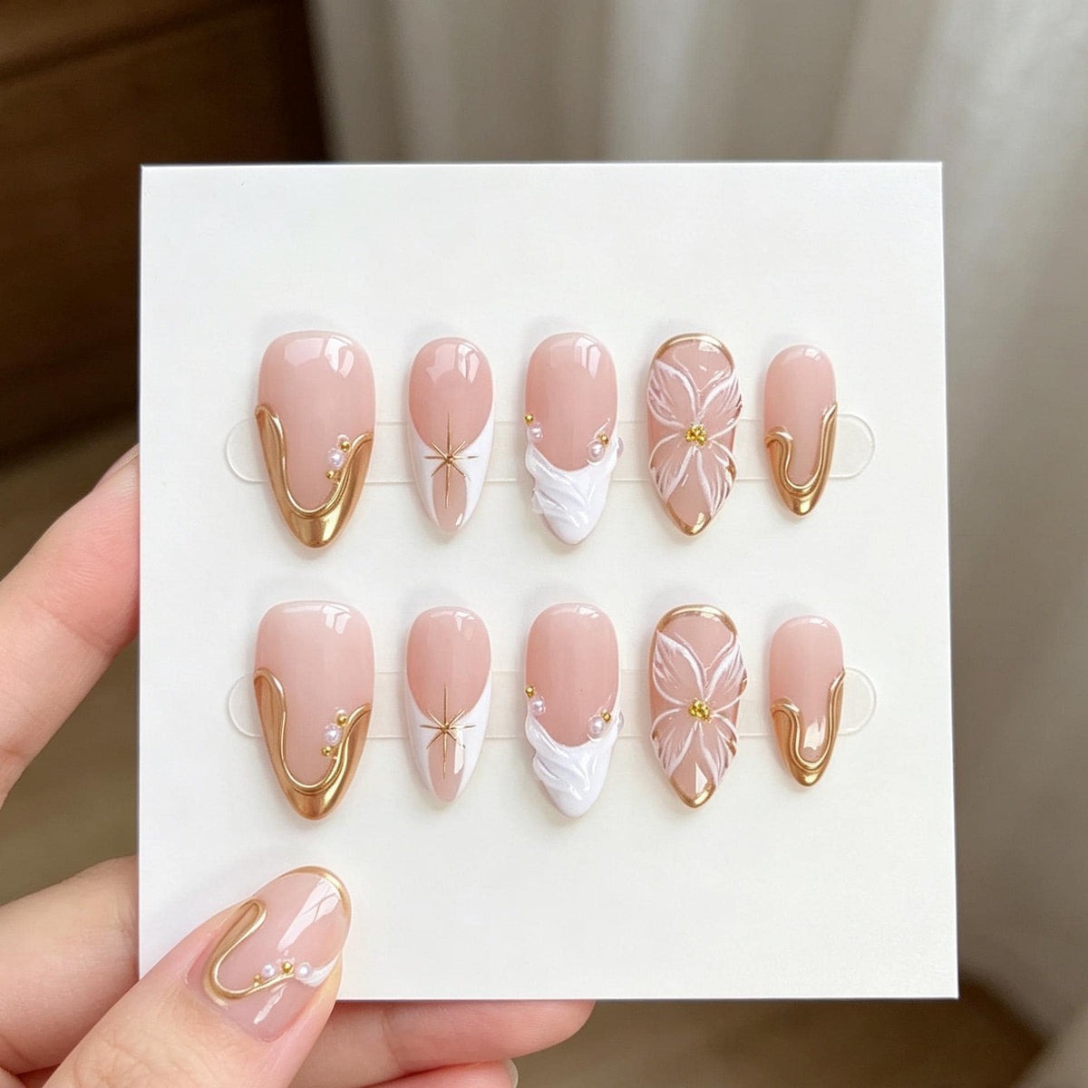 Sheer Blush Pink Bridal Nails With White Flowers, Gold Swirls and Raised Details