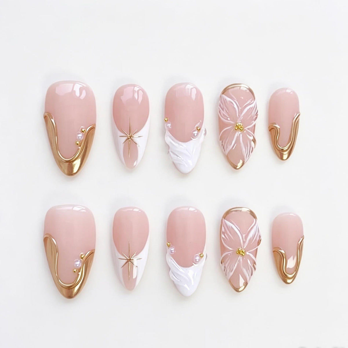 Sheer Blush Pink Bridal Nails With White Flowers, Gold Swirls and Raised Details