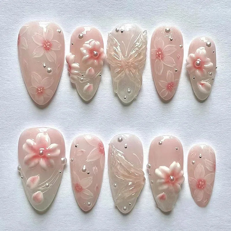 Sheer Blush Pink Floral Press On Nails with 3D Butterflies and Pearl Accents