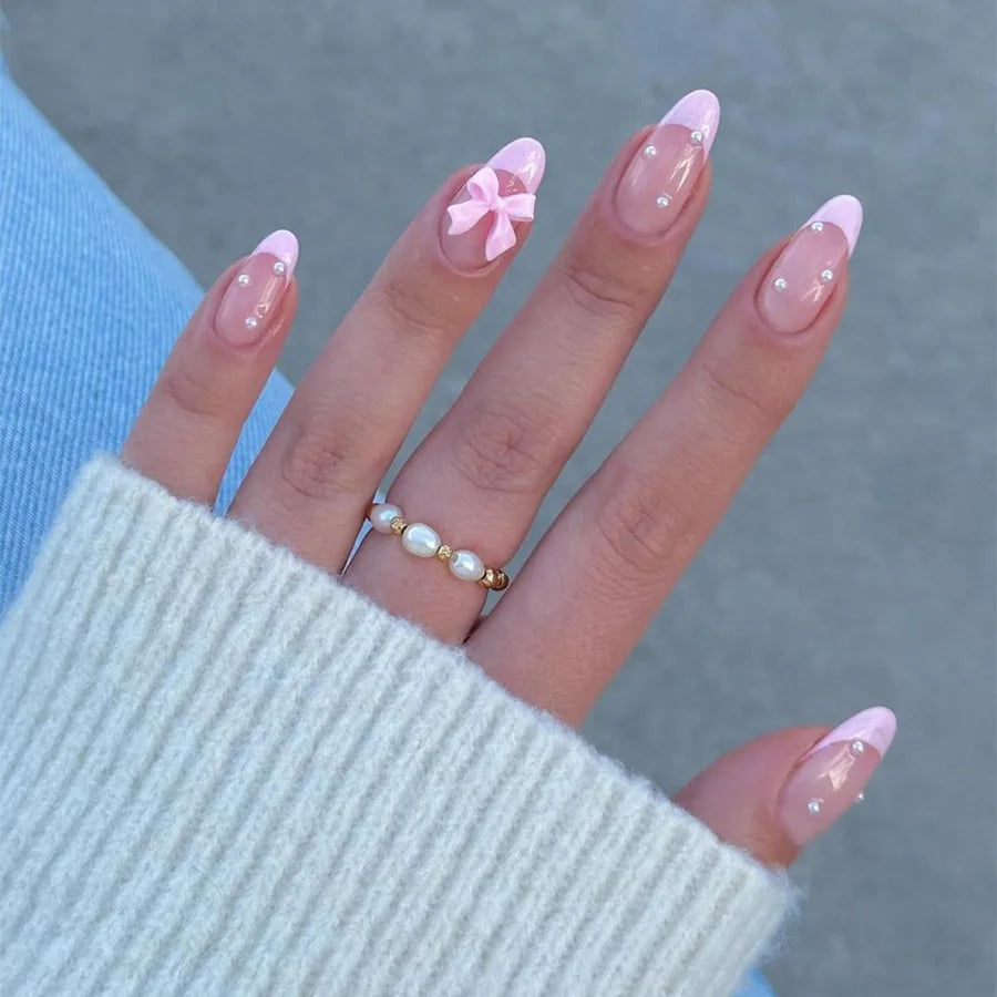 Sheer Blush Pink French Tip Press On Nails with Pearl Accents and 3D Bow