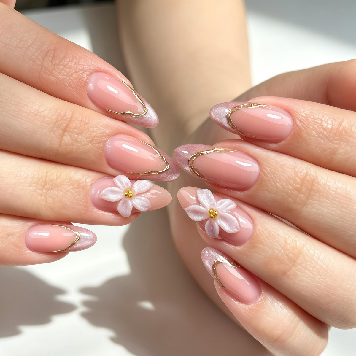 Sheer Blush Pink Nails with Gold Wire Details, Glitter Tips & Raised White Flowers