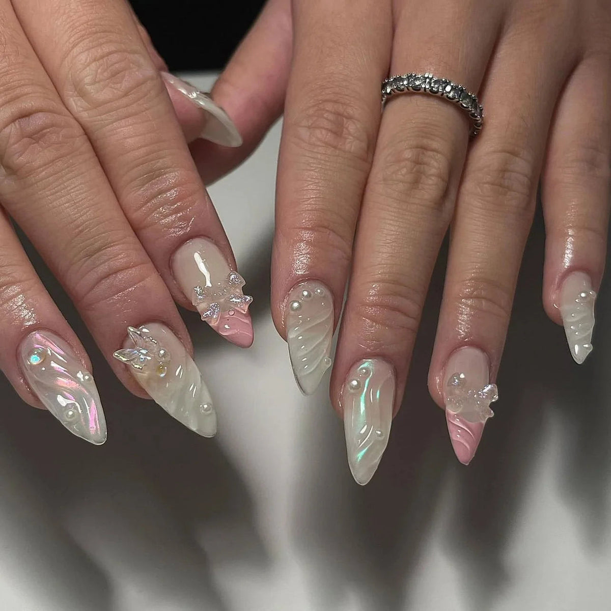 Sheer Nude and Pink Shimmer Press On Nails with Pearls and 3D Bows