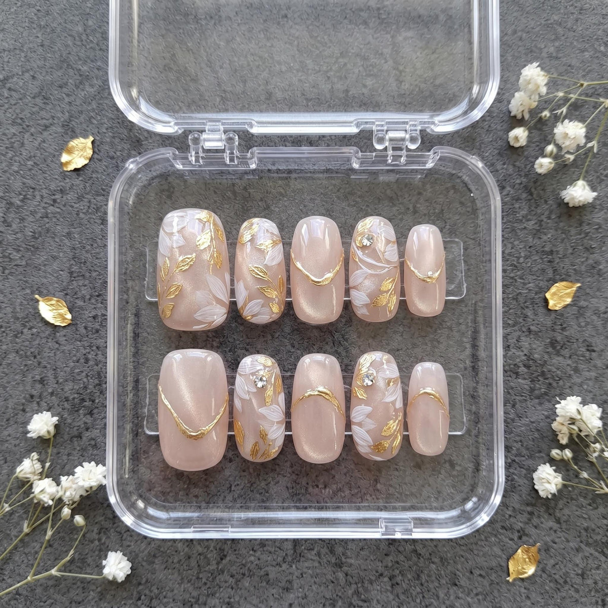 Sheer Nude Floral Bridal Press On Nails with White Petals and Gold Leaf Details