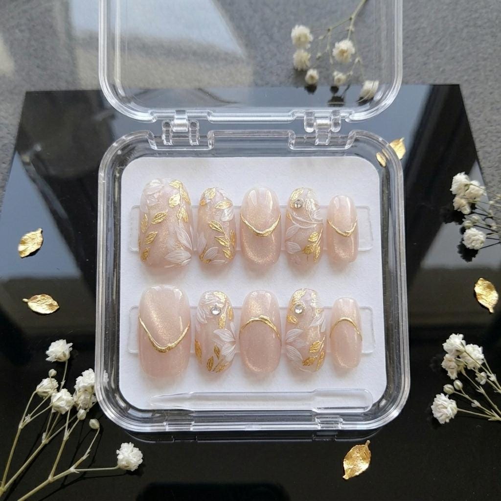 Sheer Nude Floral Bridal Press On Nails with White Petals and Gold Leaf Details