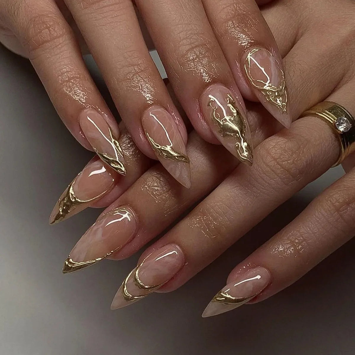 Sheer Nude French Tip Nails with Ornate Raised Gold Details