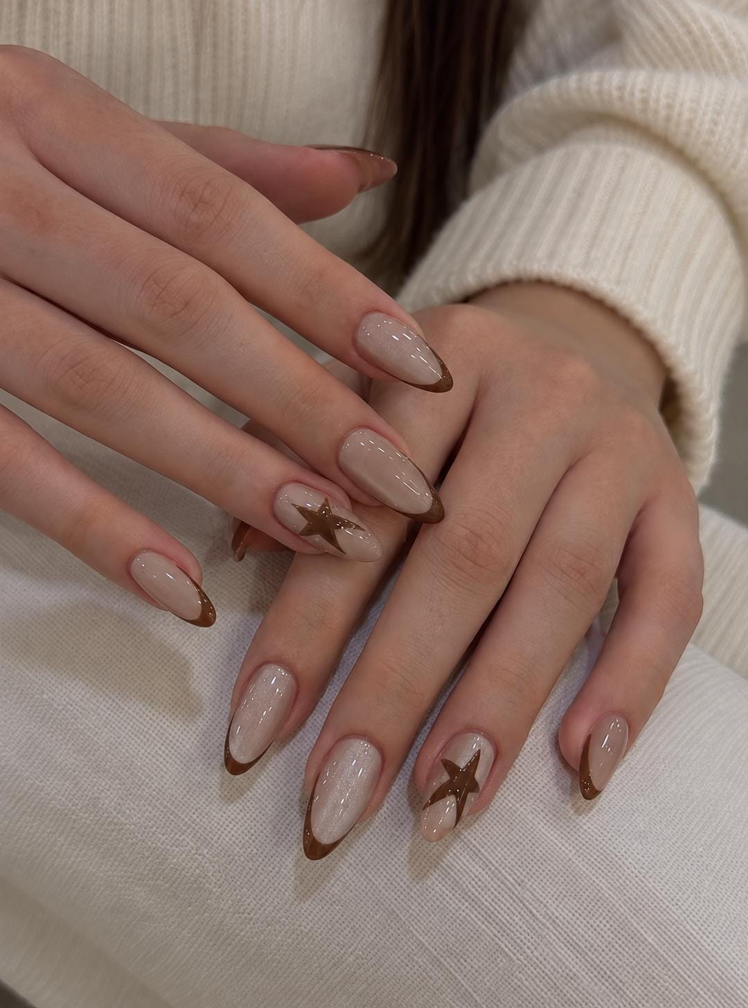 Sheer Nude-Pink and Brown Star French Tip Press On Nails