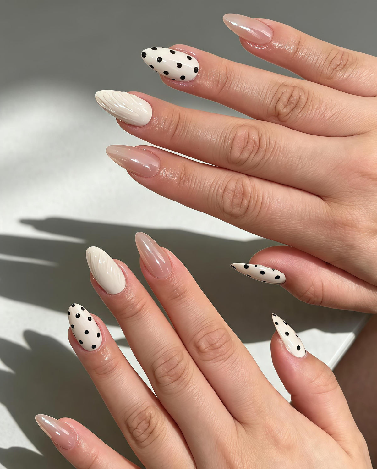 Sheer Nude Pink and Cream White Polka Dot Shell Texture Nail Set