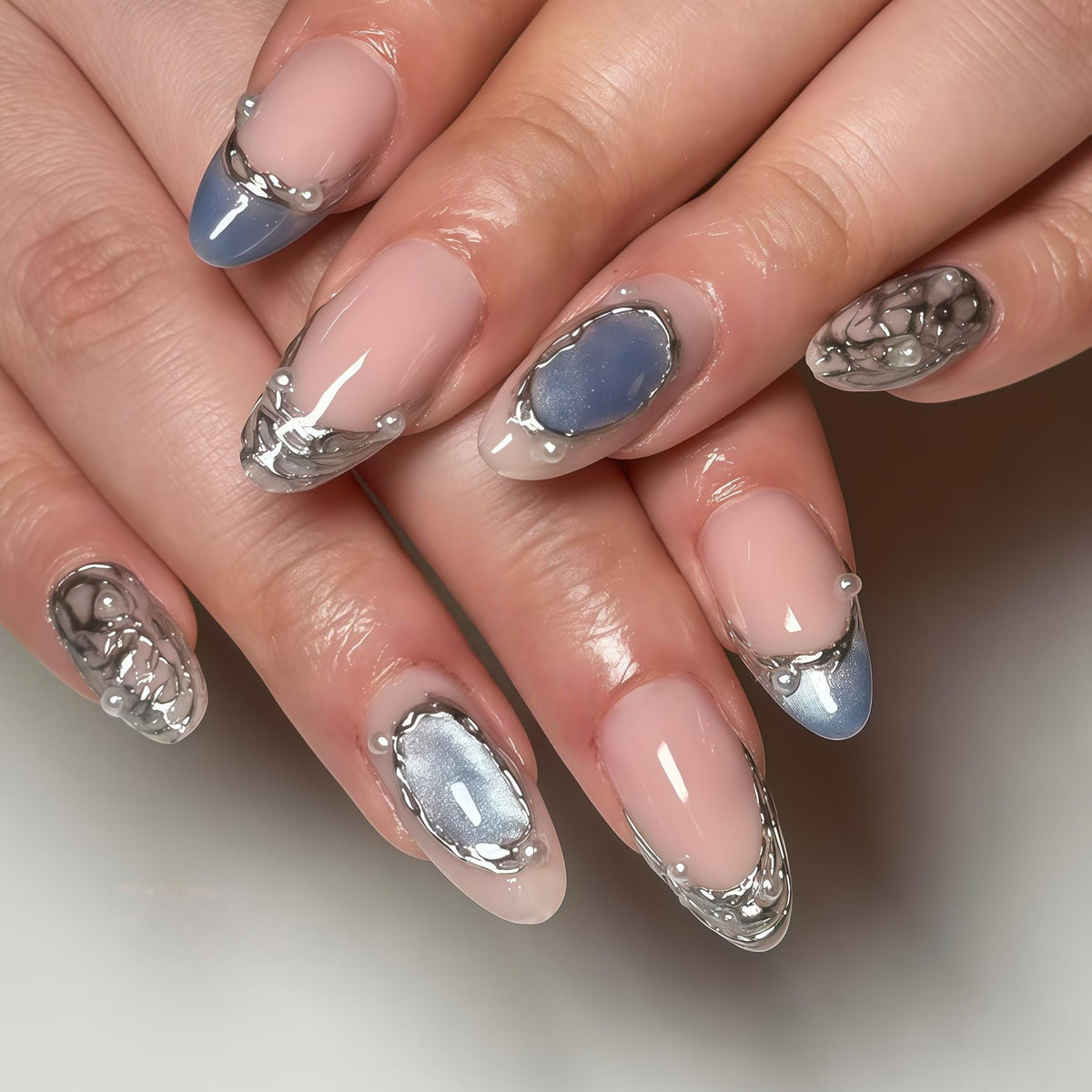 Sheer Nude Pink and Slate Blue Nails with Raised Silver Frames