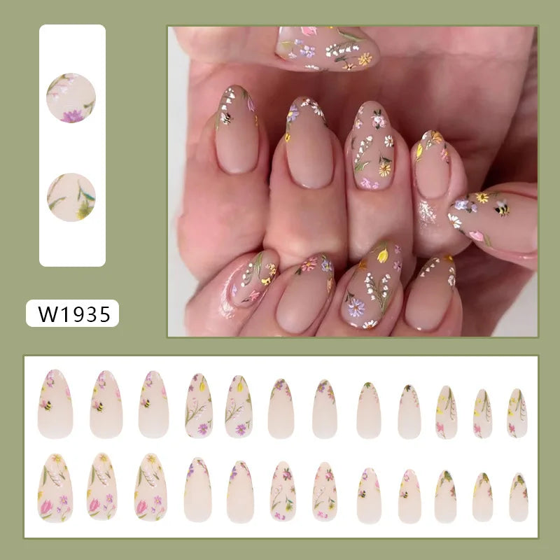 Sheer Nude Pink Floral French Tip Press-On Nails with Gold Accents