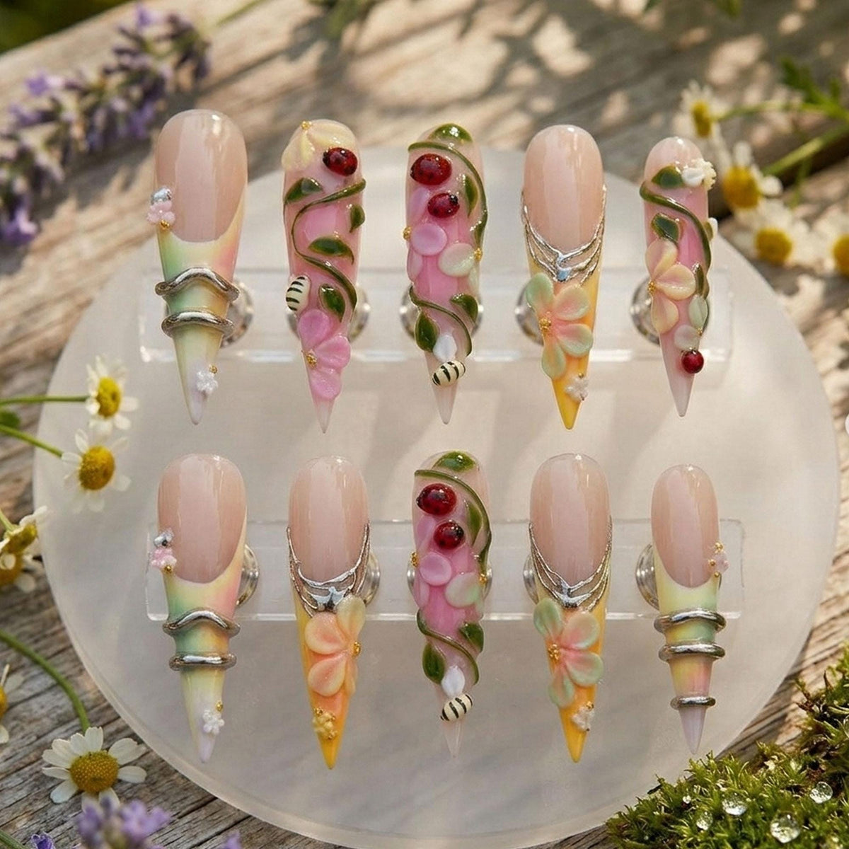 Sheer Nude Pink Floral Garden Press On Nails with Vines, Berries and Bees