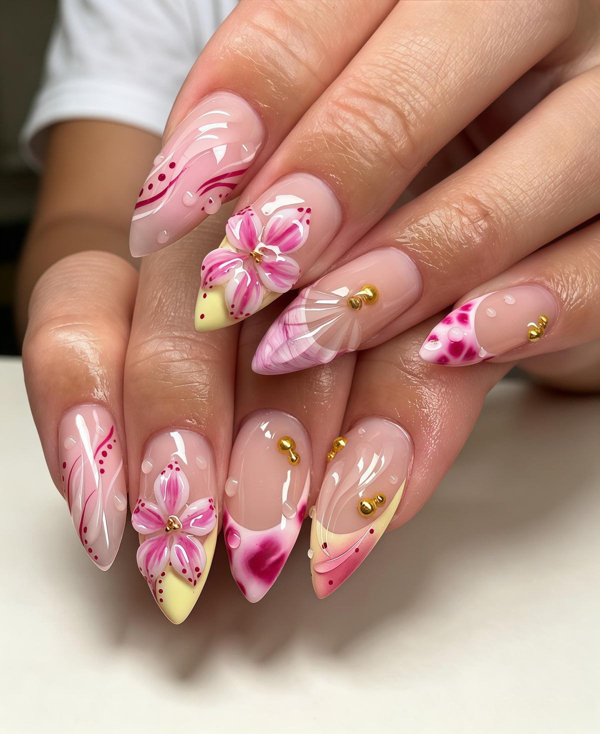 Sheer Nude Pink Floral Nails with 3D Flowers, Gold Beads and Water-Drop Details for Weddings