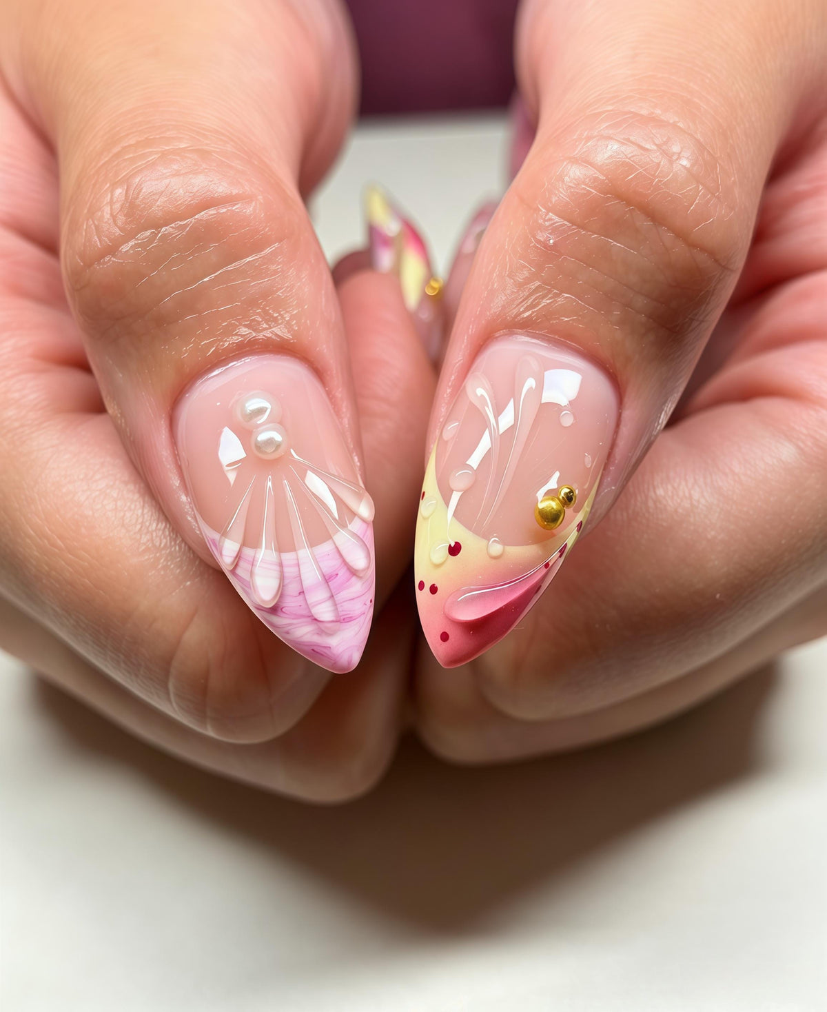 Sheer Nude Pink Floral Nails with 3D Flowers, Gold Beads and Water-Drop Details for Weddings