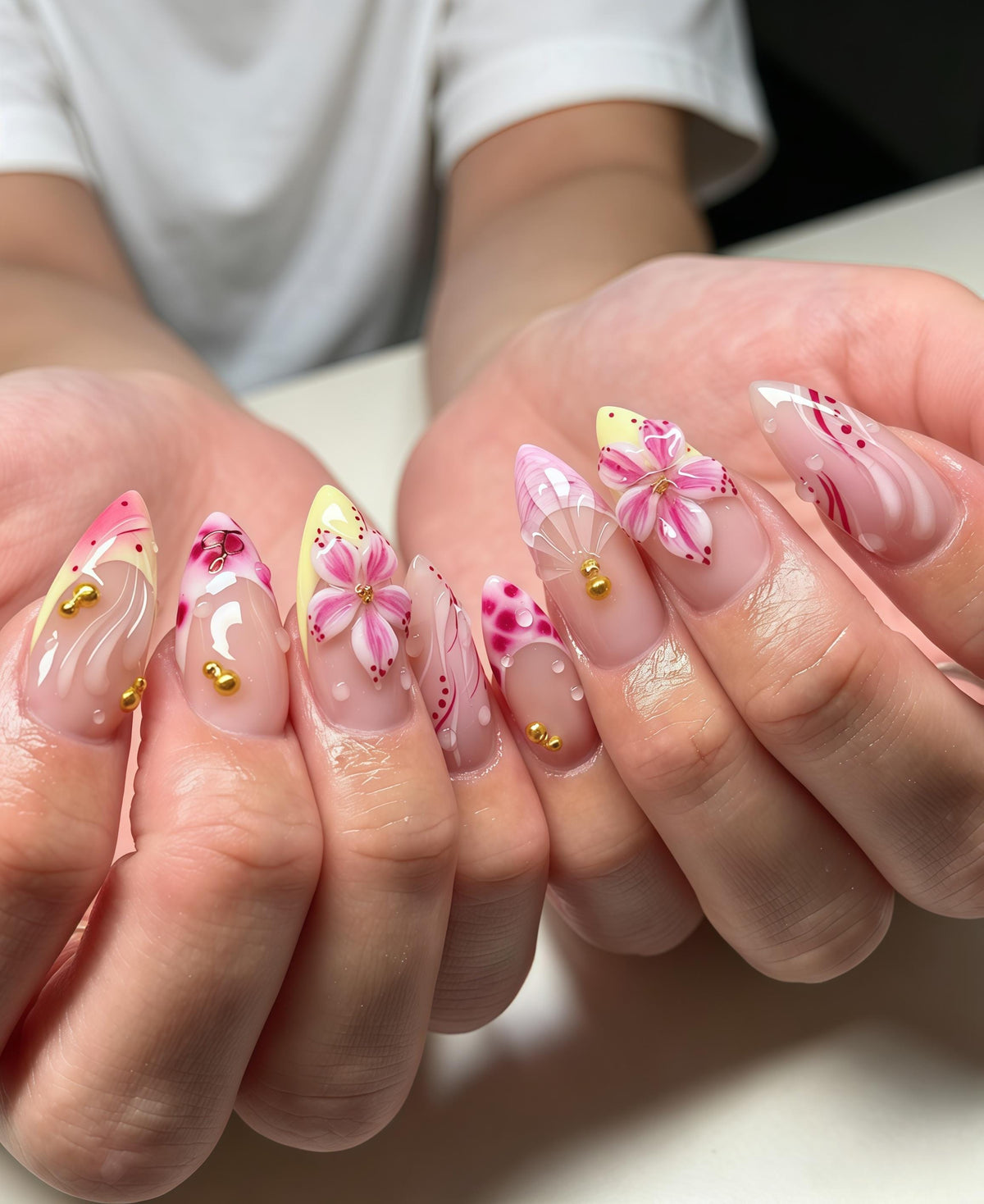 Sheer Nude Pink Floral Nails with 3D Flowers, Gold Beads and Water-Drop Details for Weddings
