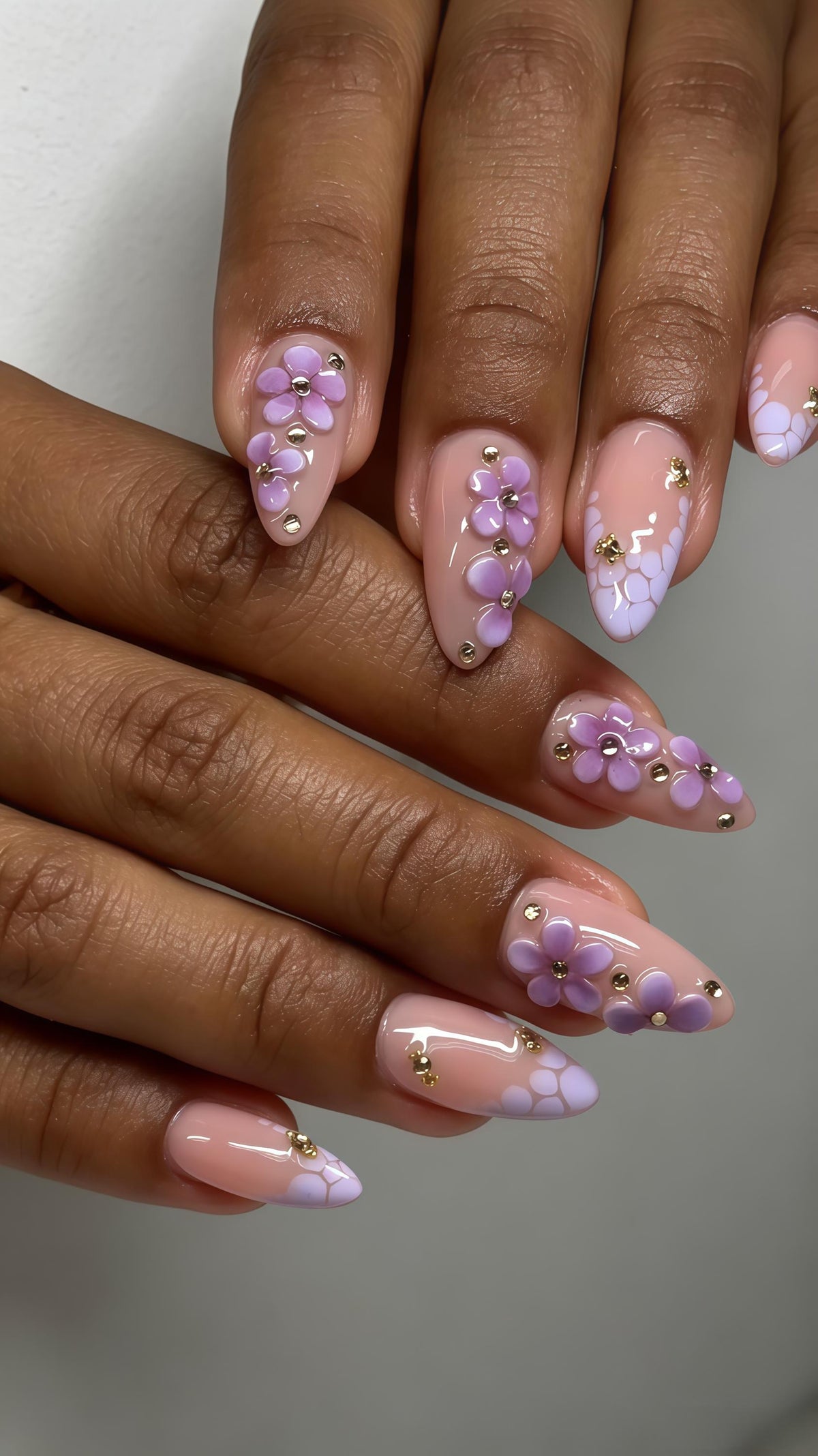 Sheer Nude Pink Floral Press On Nails With 3D Lavender Flowers and Gold Accents