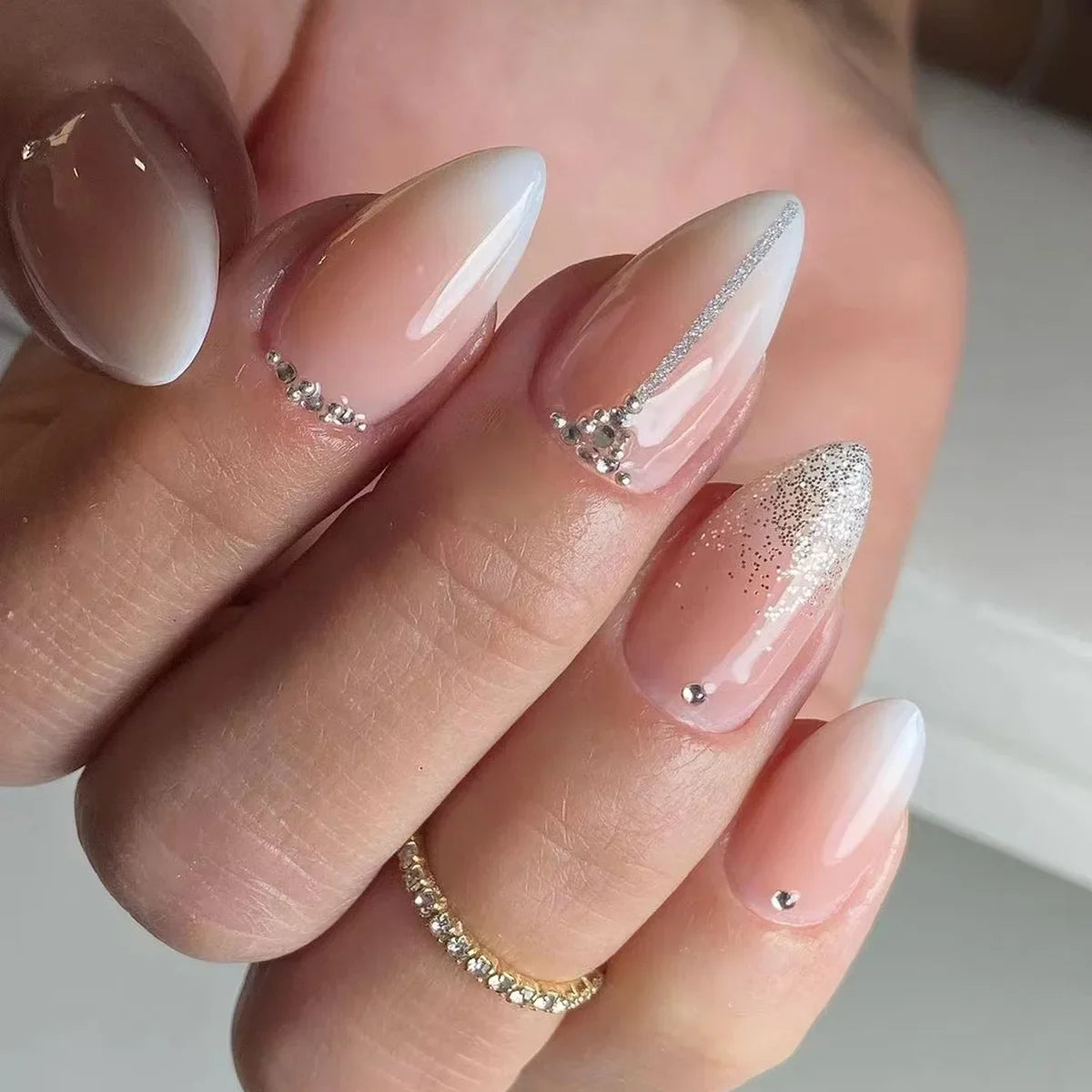 Sheer Nude Pink French Tip Press-On Nail Set with Silver Glitter and Rhinestones